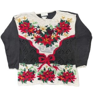 Casual Corner hand‎ knit Christmas poinsettia sweater women's size large